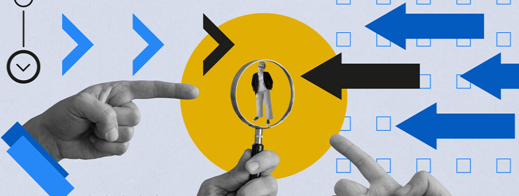 CVB-Blog-Planning-For-2026 A graphic of a magnifying glass inspecting a person. Hands and arrows are pointing to the person in the middle from different directions.