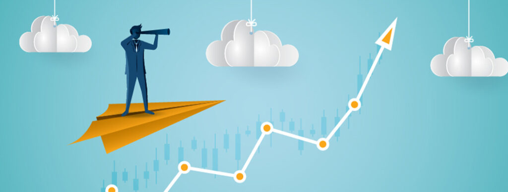 A cartoonish graphic of a person riding on a paper airplane though the sky. Also depicted in the sky are clouds, and a rising line chart.