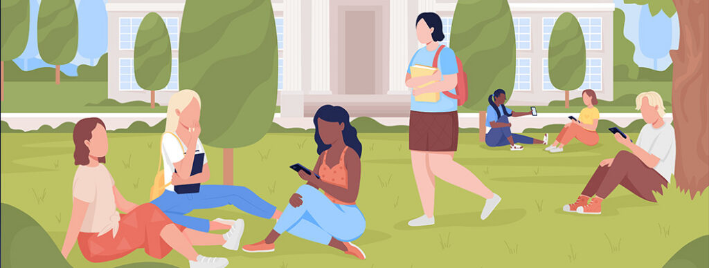 An illustration of students on a campus lawn, without facial features.